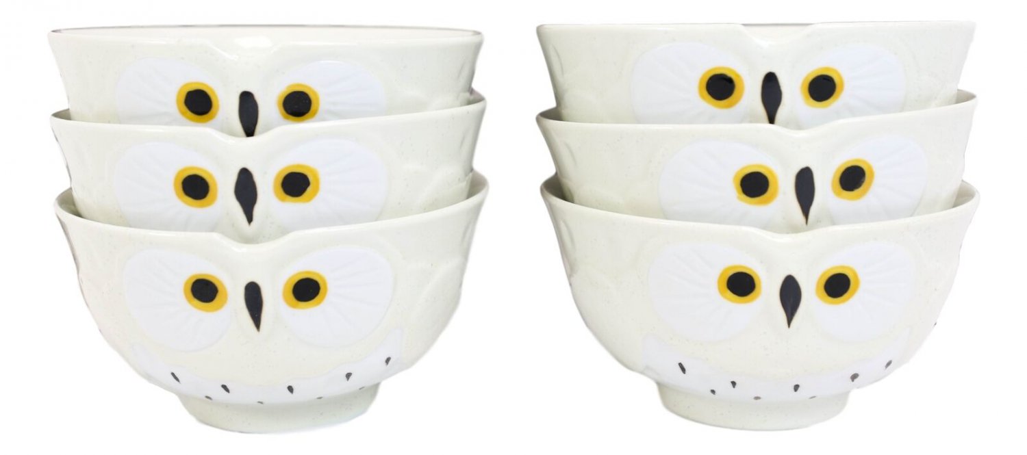 1 Pack Of 6 White Whimsical Big Eyed Owls Rice Soup Appetizer Sauce Bowls 14oz EBR02