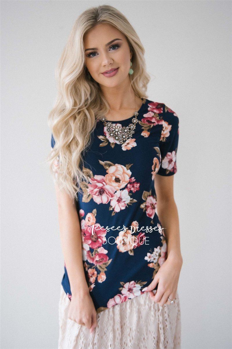 Navy Floral Scoop Neck Top