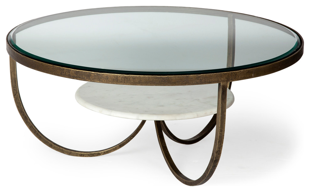 Reinhardt 36 quotRound Glass Top w/Marble Shelf  ampGold Metal Base Coffee Table   Transitional   Coffee Tables   by Mercana  Houzz