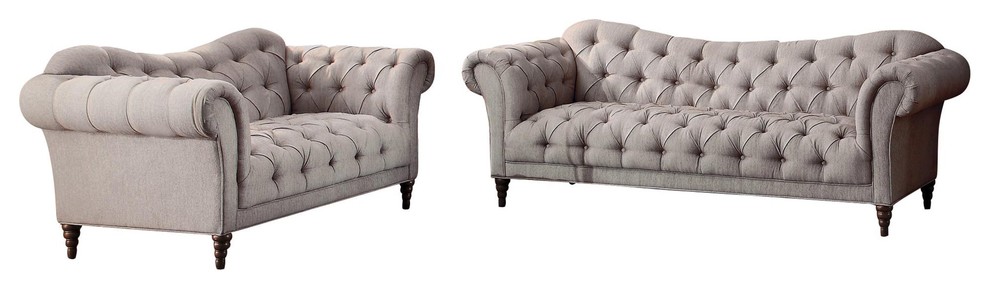 2 Piece Stella French Button Tufted Set Sofa and Love Seat Neutral Beige Fabric   Traditional   Living Room Furniture Sets   by AMOC  Houzz