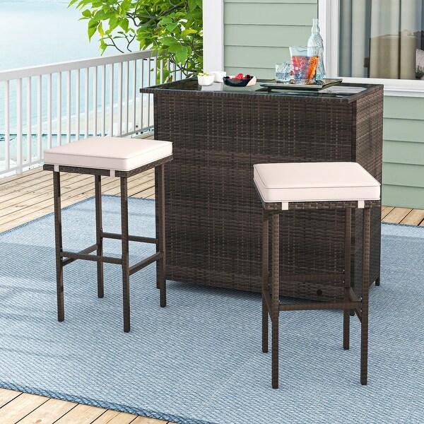 3 Pcs Patio Bar Set with Tempered Glass TabletopBrown