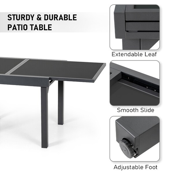 VredHom Outdoor Tempered Glass Top Aluminum Extendable Dining Table