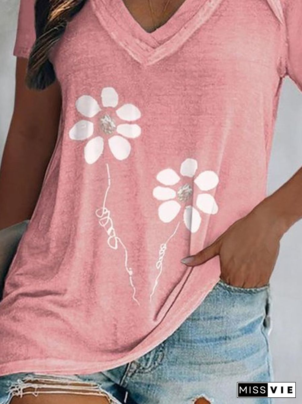 Floral Short Sleeve V Neck Casual T-Shirt