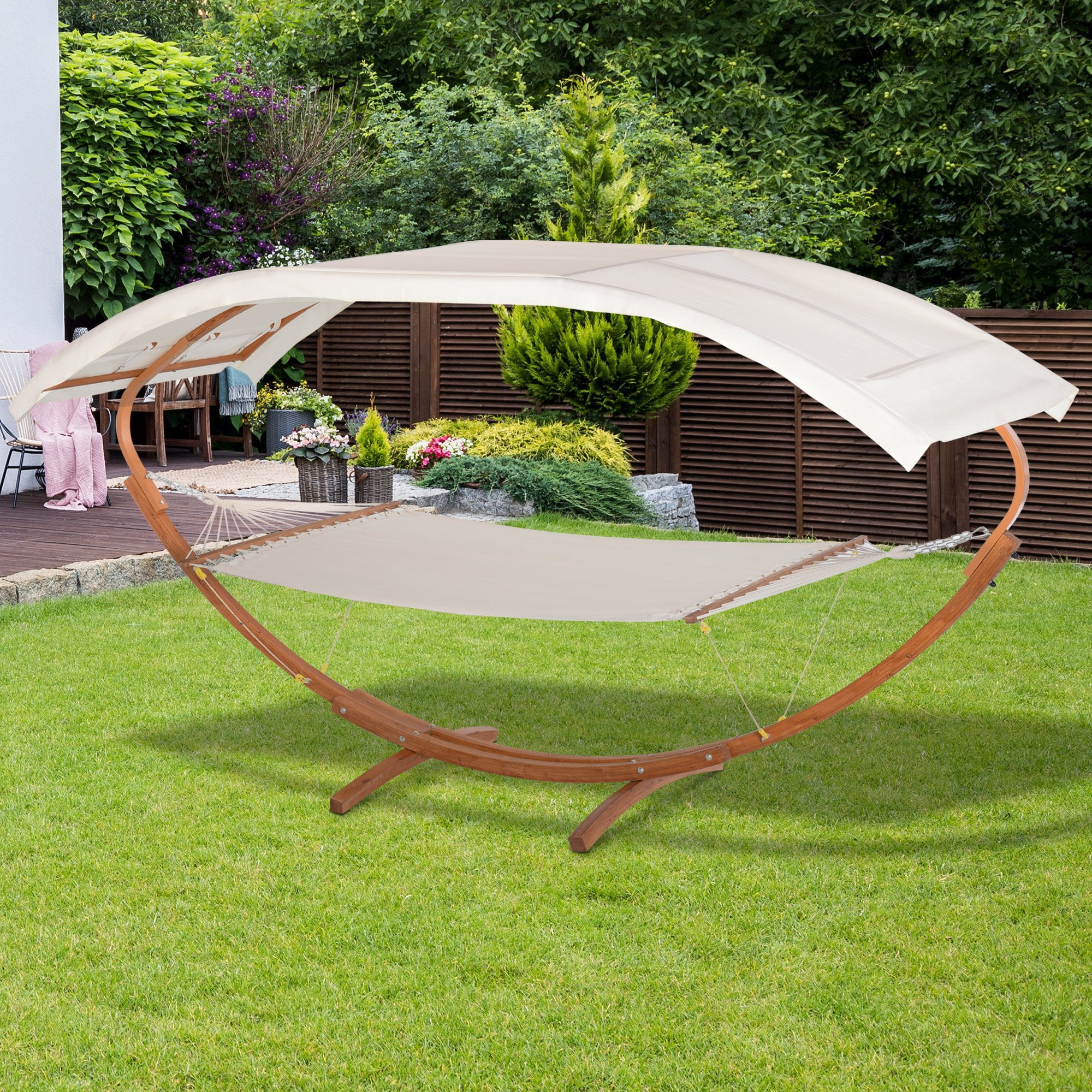 Andoer 13' Wooden Arc Outdoor Hammock Stand Modern Curved Wood Bed with Detachable Canopy, Steel and Wood Stand, White