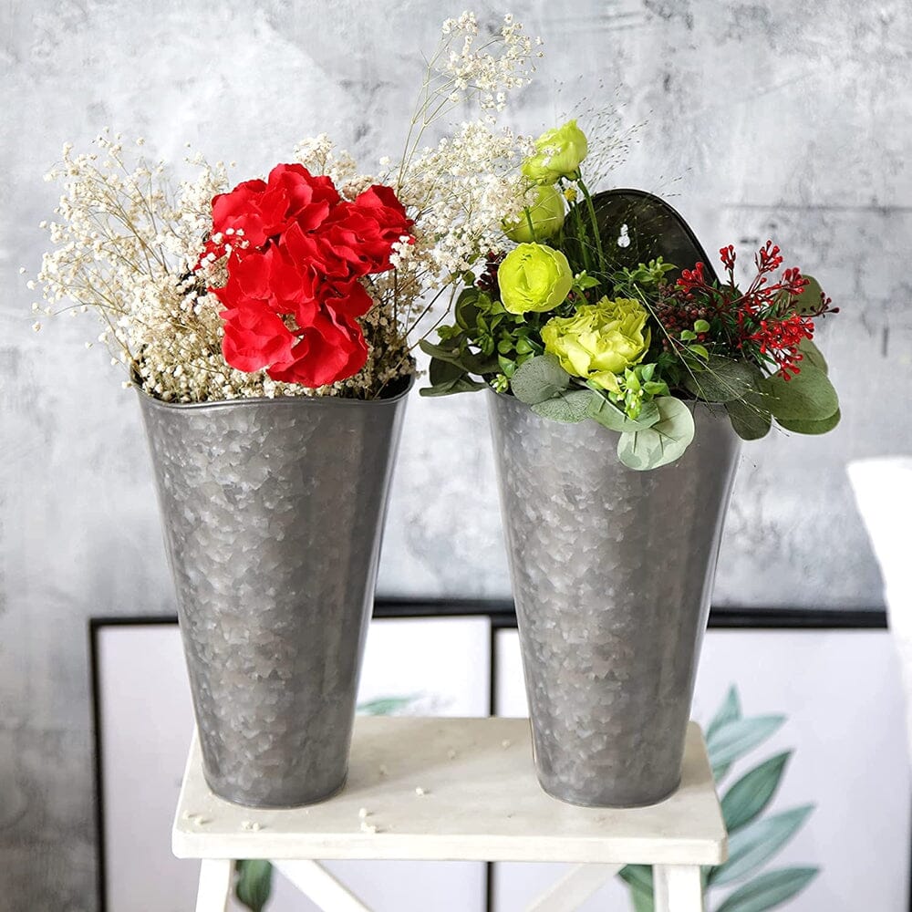 Galvanized Wall Planters - Two (2) Large Premium. Farmhouse Metal Hanging Vase