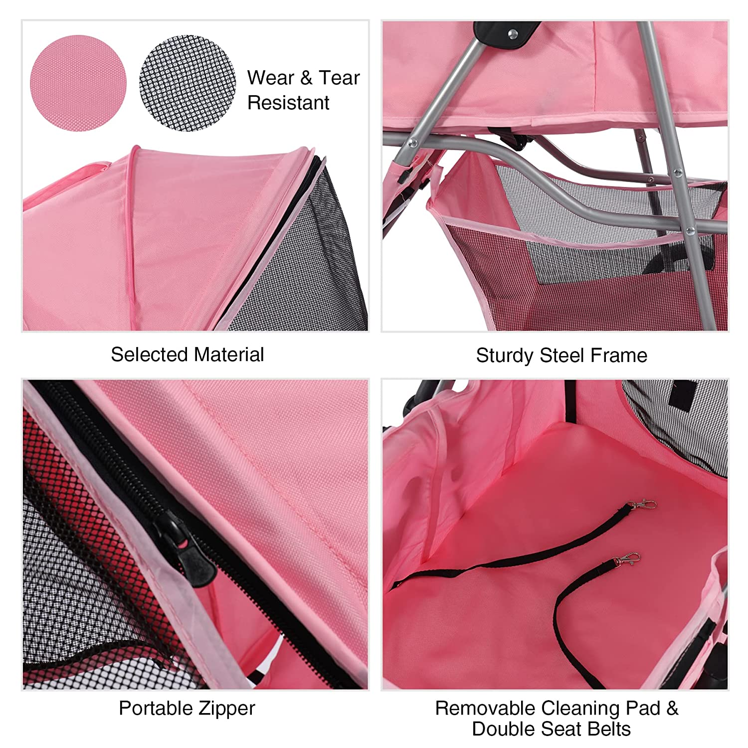 Lineslife 3 Wheels Pet Stroller， Foldable Carrier Strolling Cart for Small Medium Dogs and Cats， Pink