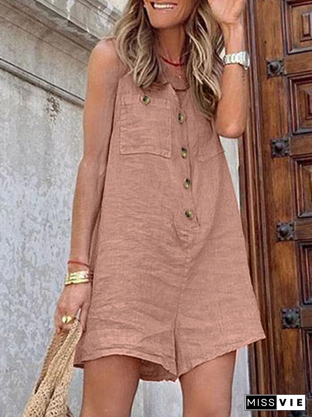 Solid Pocket Button Sleeveless V Neck Casual Romper