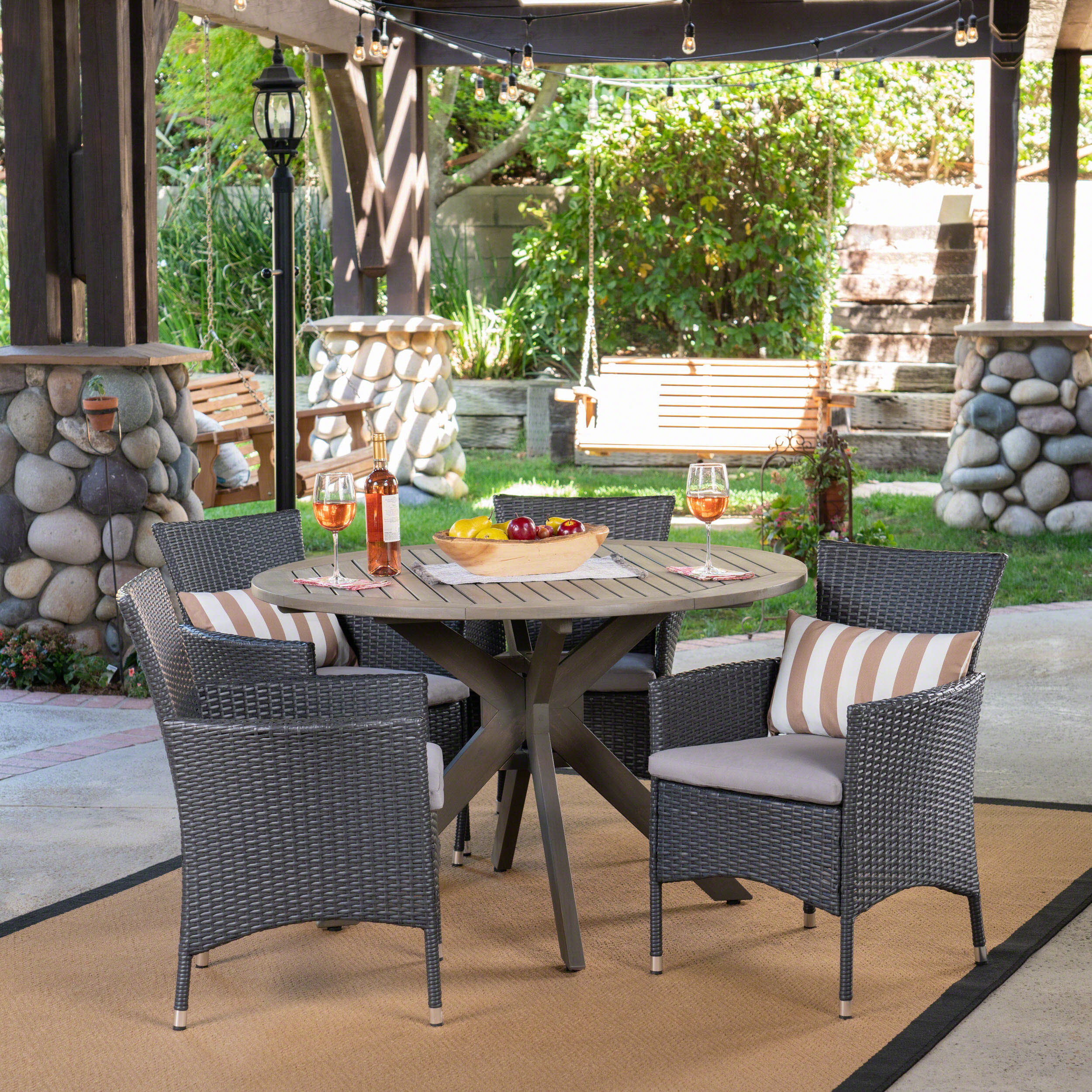 Key Outdoor 5 Piece Wood and Wicker Dining Set, Gray and Gray