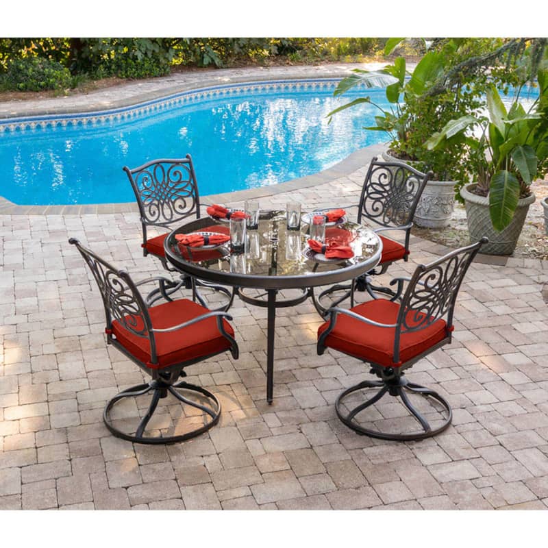 Hanover Traditions 5-Piece Outdoor Dining Set In Red/Bronze With 4 Swivel Rockers， 48 Glass-Top Table