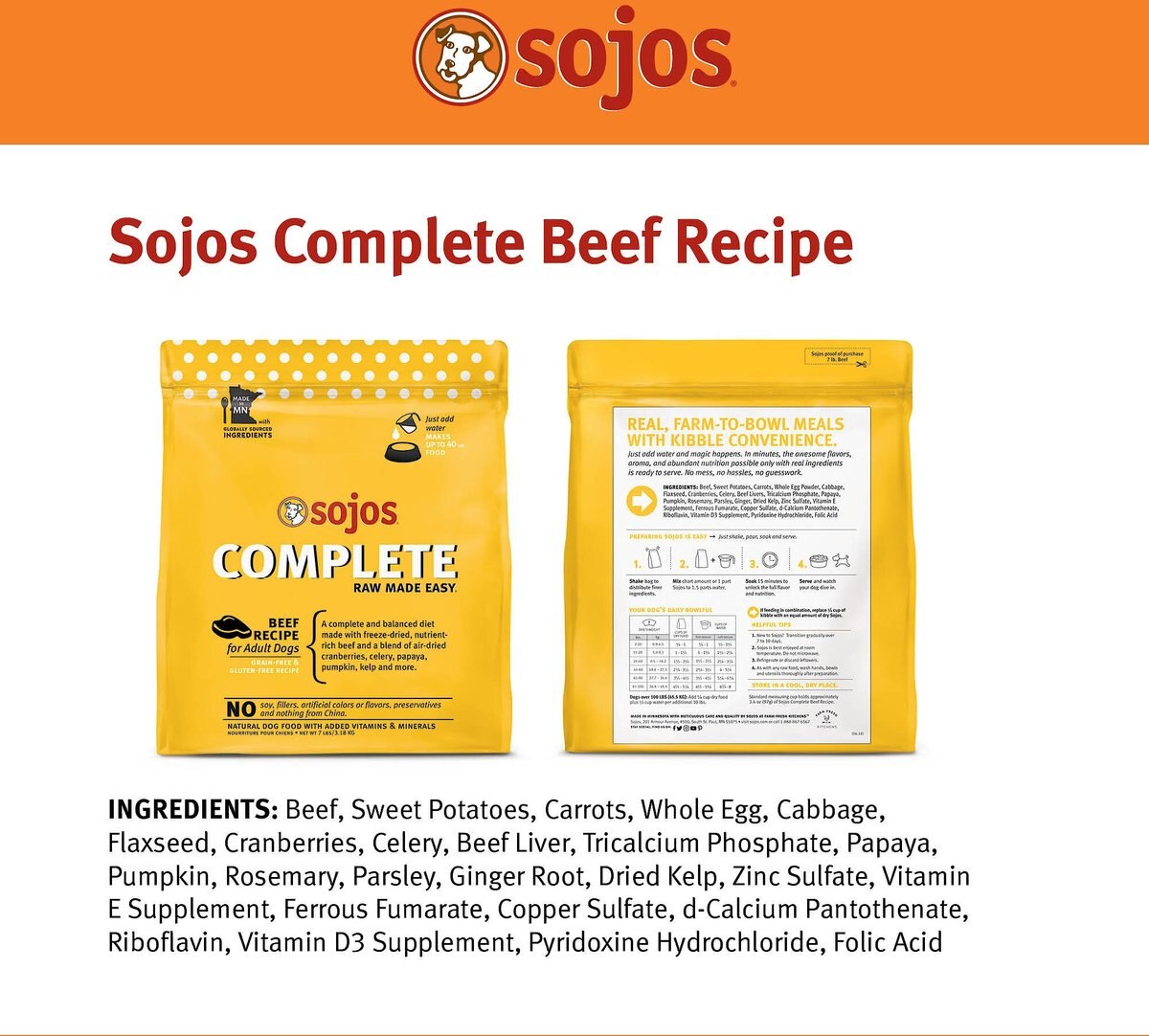 Sojos Complete Beef Recipe Adult Grain-Free Freeze-Dried Dehydrated Dog Food