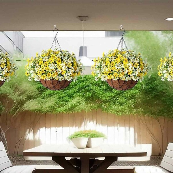 Artificial Silk Flowers Hanging Baskets Outdoors，Chrysanthemum with Eucalyptus Leaves in Metal Coconut Lining Flowerpot