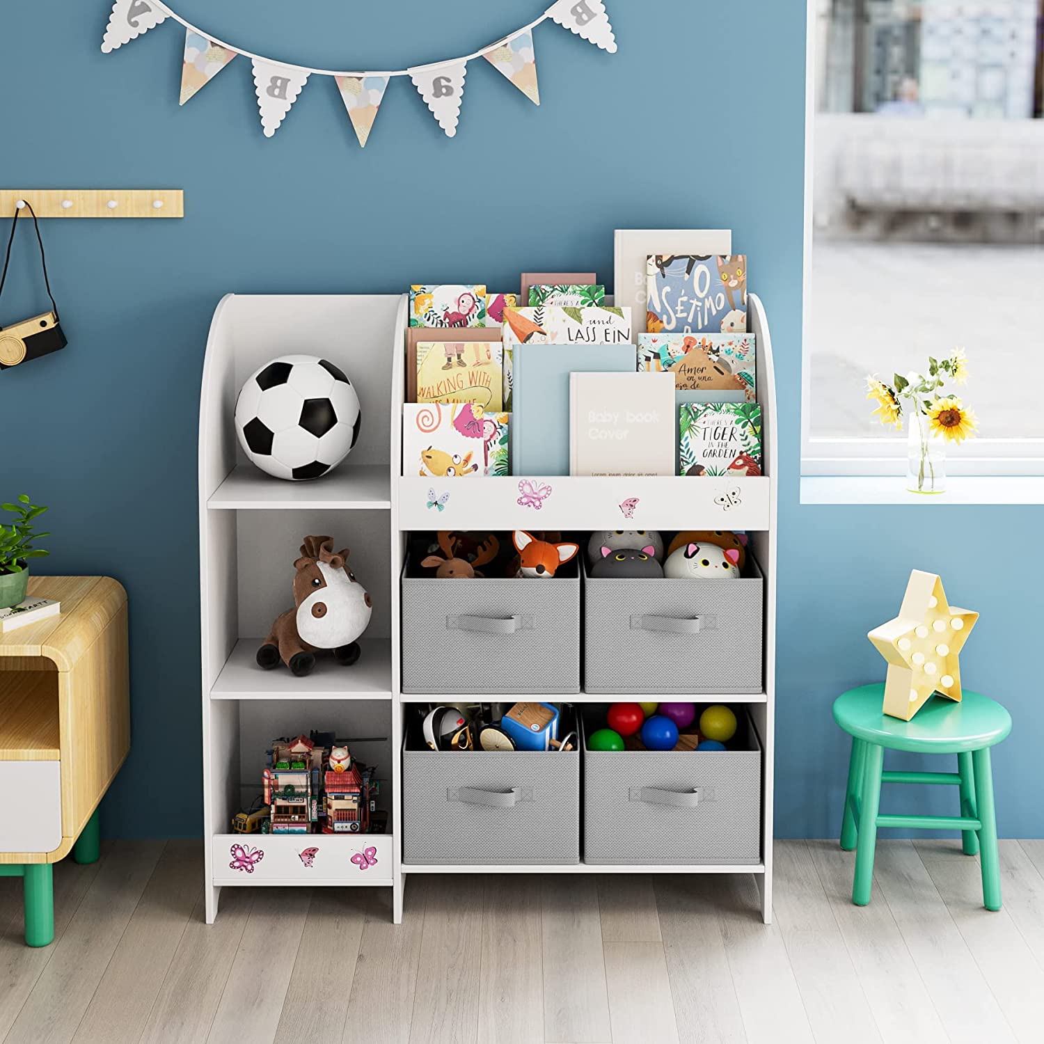 Kids Toy Storage Unit Toy Rack with Storage Boxes Bookshelf Rack Cabinet