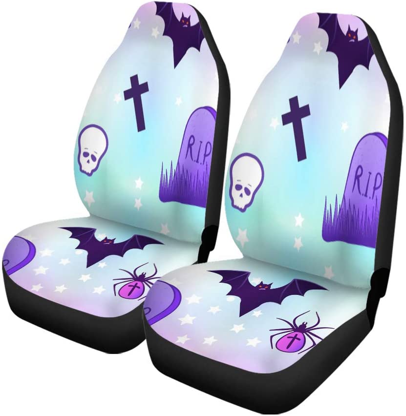 FMSHPON Set of 2 Car Seat Covers Kawaii Funny Spooky Halloween in Neon Pastel Colors Cute Universal Auto Front Seats Protector Fits for Car，SUV Sedan，Truck