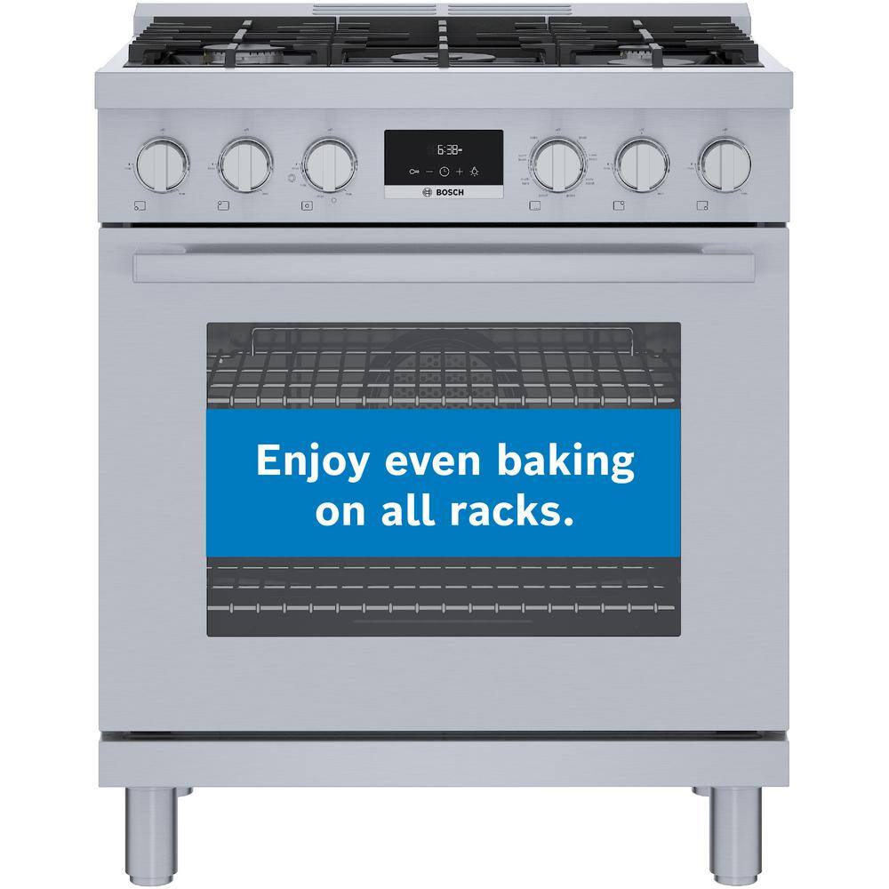 Bosch 800 Series 30 in. 3.9 cu. ft. Industrial Style Dual Fuel Range with 5-Burners in Stainless Steel HDS8055U