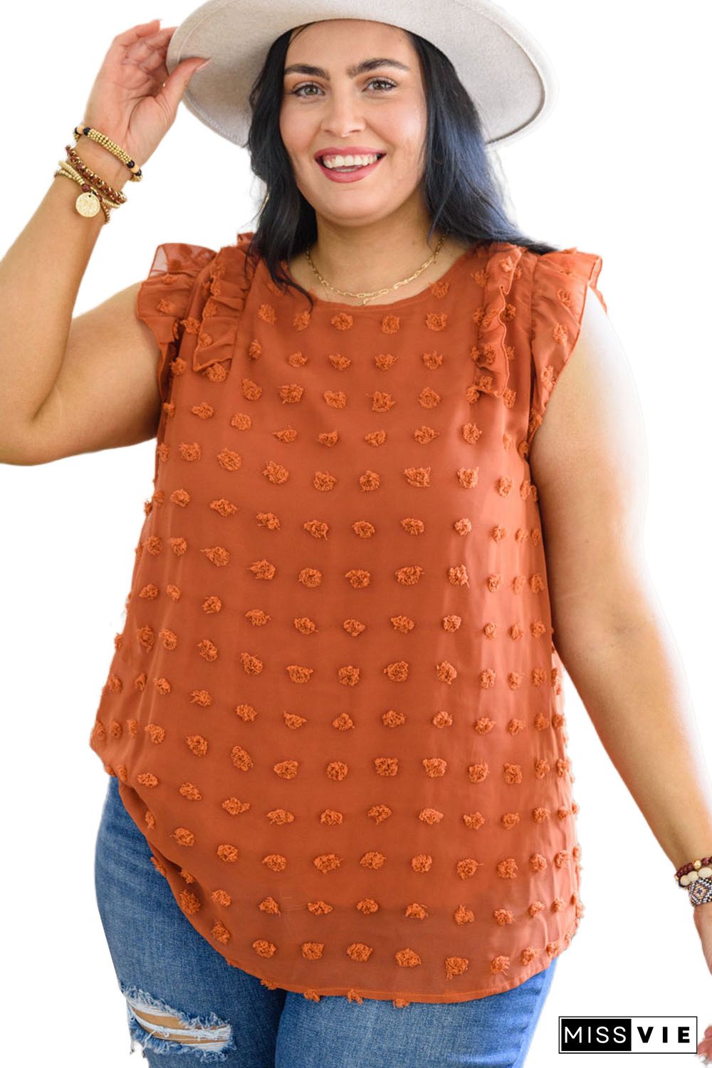 Orange Sheer Ruffle Detail Swiss Dot Curvy Tank Top