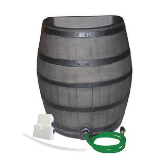 RESCUE 50 Gal. Gray Flat Back Whiskey Rain Barrel with Integrated Planter and Diverter System with Black Accent Bands 2244-1