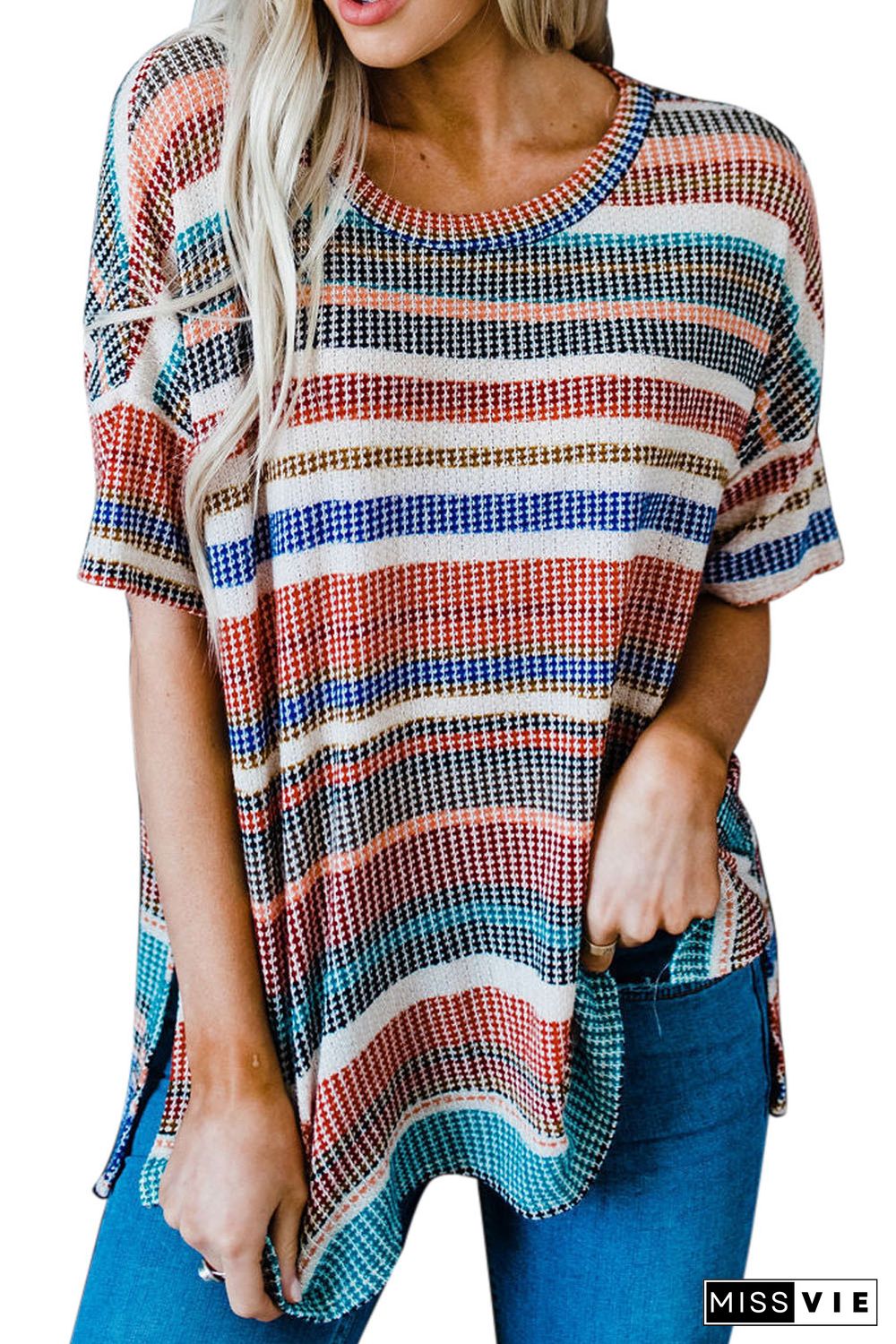 Multicolor Striped Loose T-shirt with Slits