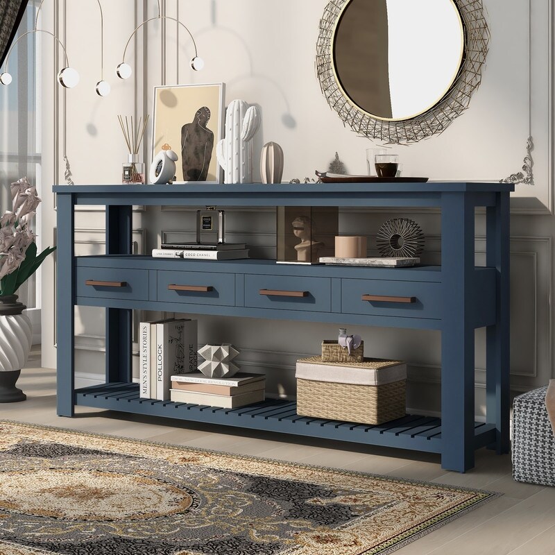 Modern Console Table Sofa Table with 4 Drawers and 2 Shelves for Living Room