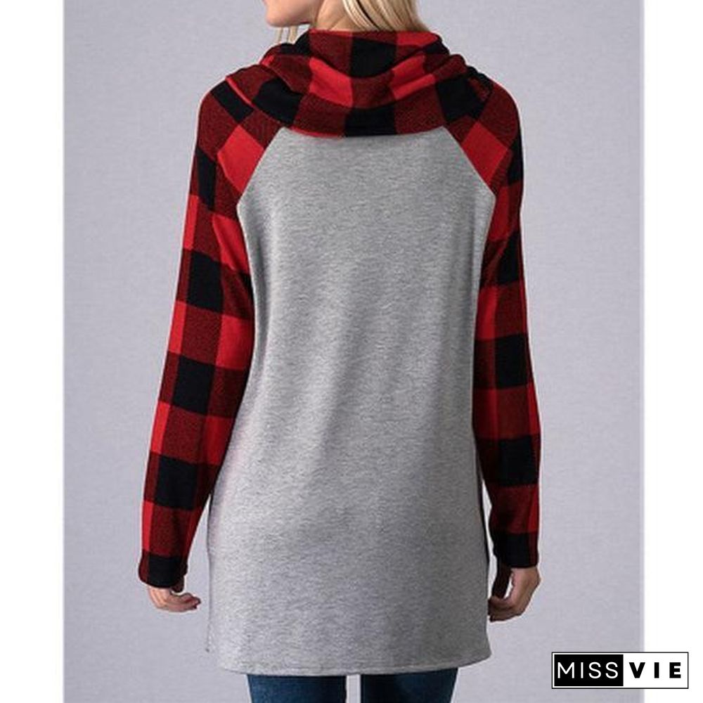 Christmas Fall Winter Plaid Long Sleeve Deer Head Print Blouse T-Shirt Tops