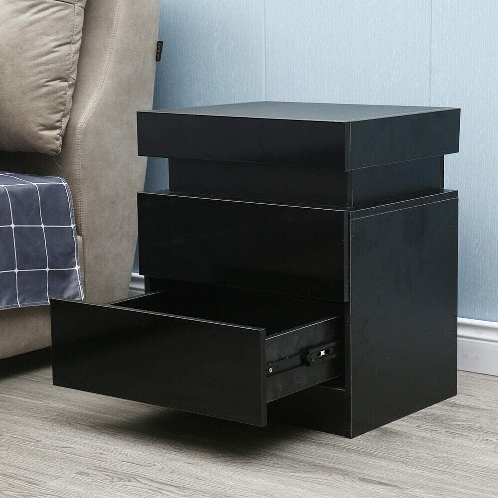 Modern Night Stand with LED Light, 2 Drawer Storage End Table Bedroom Storage Bedside Black