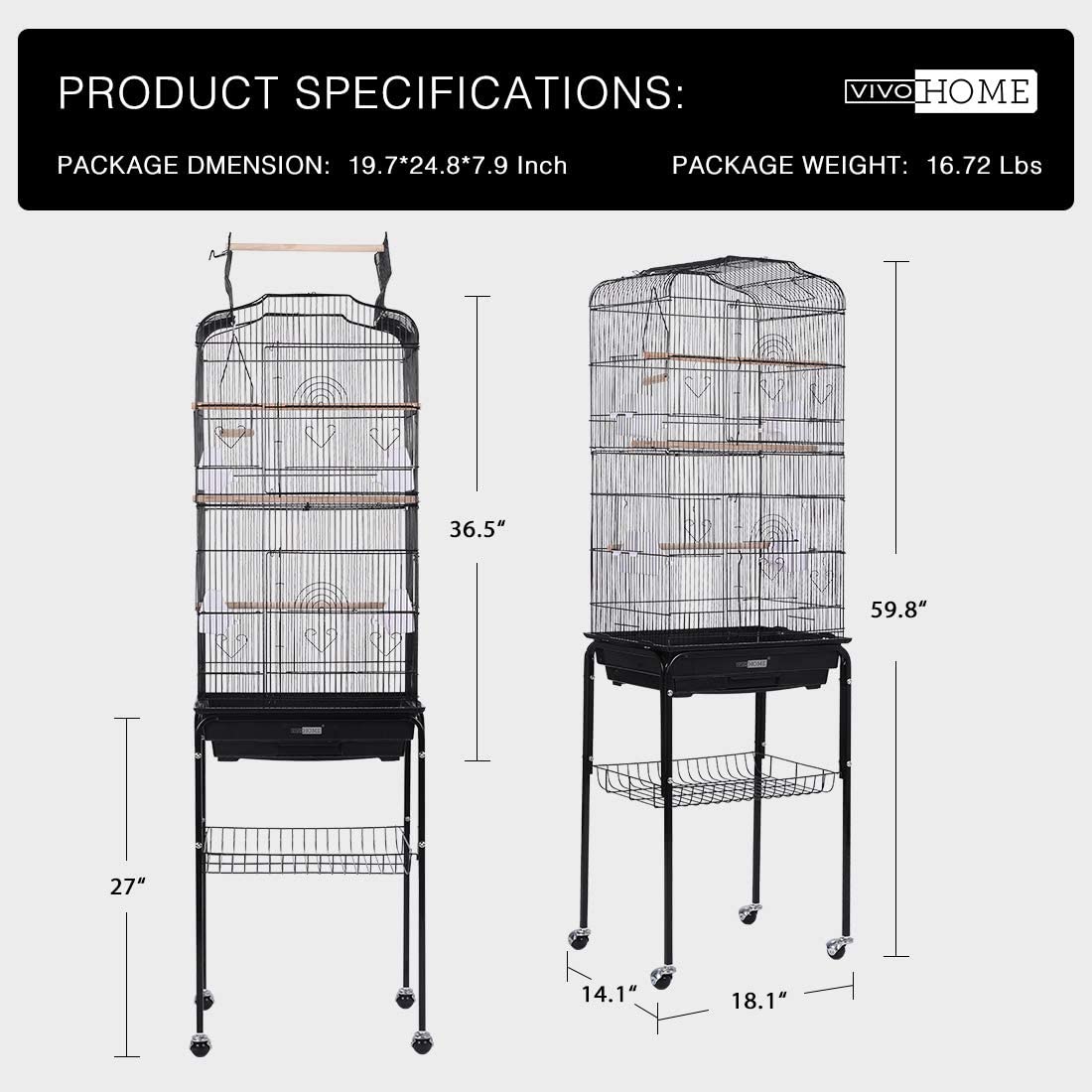 VIVOHOME 59.8 Inch Wrought Iron Bird Cage with Play Top and Rolling Stand for Parrots Conures Lovebird Cockatiel Parakeets