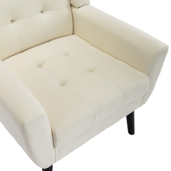 Modern Soft Linen Material Ergonomics Accent Chair With Tufted Back and Seat， Square Arms and Black Tapering Metal Legs