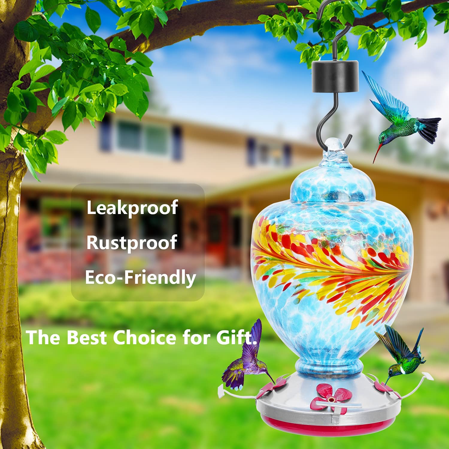 Viajero Hummingbird Feeders for Outdoors， Large 38oz Hand Blown Glass Leak-Proof Hummingbird Feeder with 4 Perch and Ports， Ant Moat and S-Hook， Easy to Wash Fill， Red Orange Yellow Attract Humming Bird