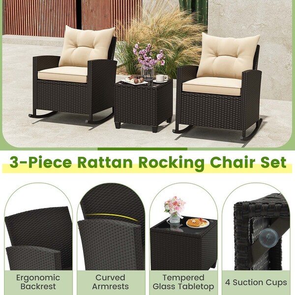 Costway 3 PCS Patio Wicker Rocking Set with Tempered Glass Table and