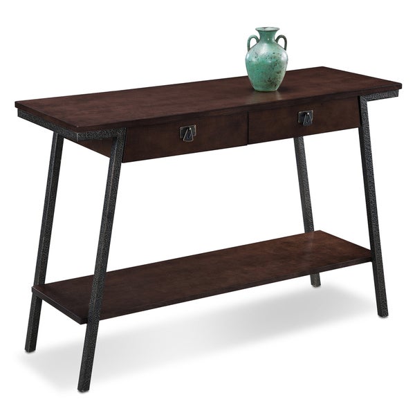 Contemporary Walnut Finish Brown Side Table with Bronzed Steel Legs Two Extendable Drawers and Lower Storage Shelf