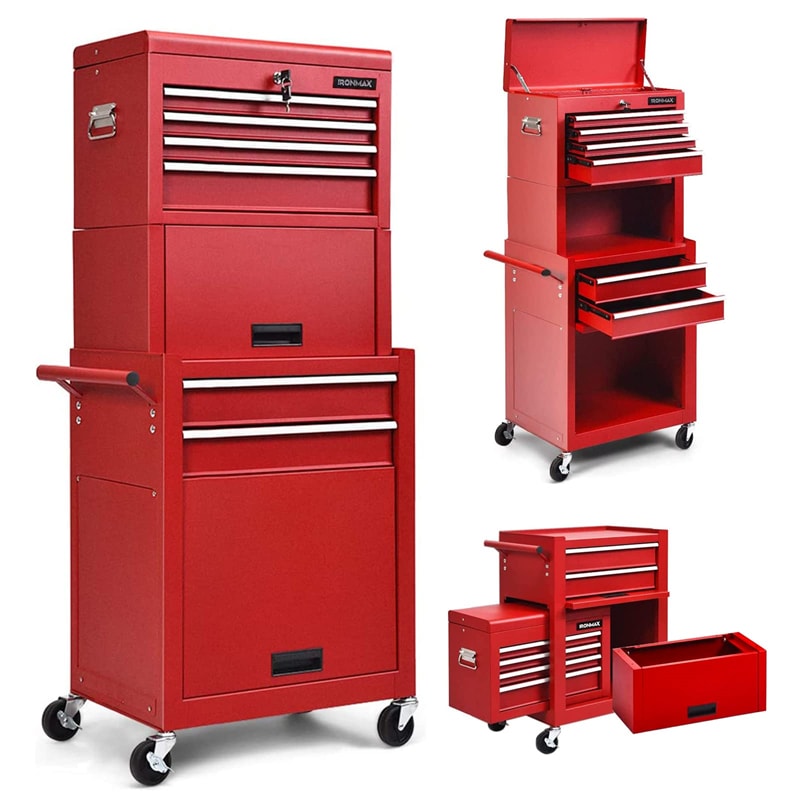 6-Drawer Rolling Tool Chest 3-in-1 Tool Storage Cabinet with Auto Locking System & Lockable Wheels