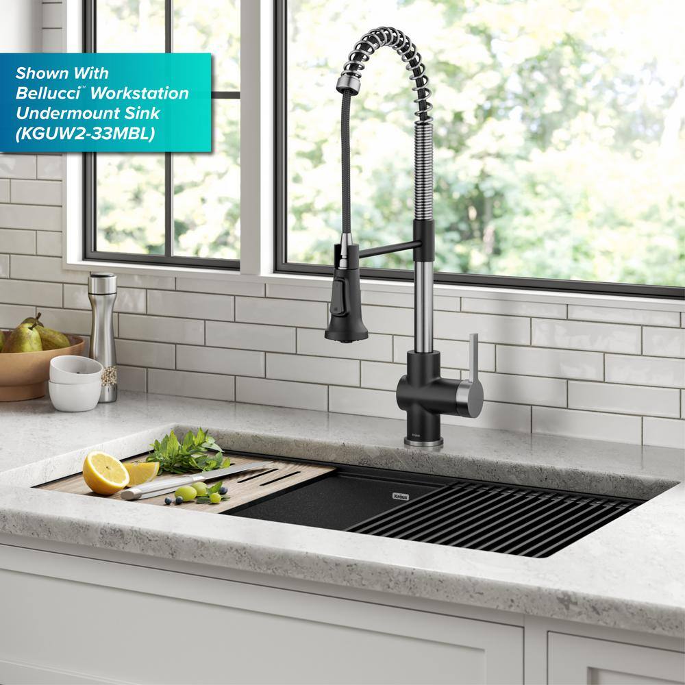 KRAUS Britt Commercial Style Pull-Down Single Handle Kitchen Faucet in Spot-Free Stainless SteelMatte Black KPF-1691SFSMB