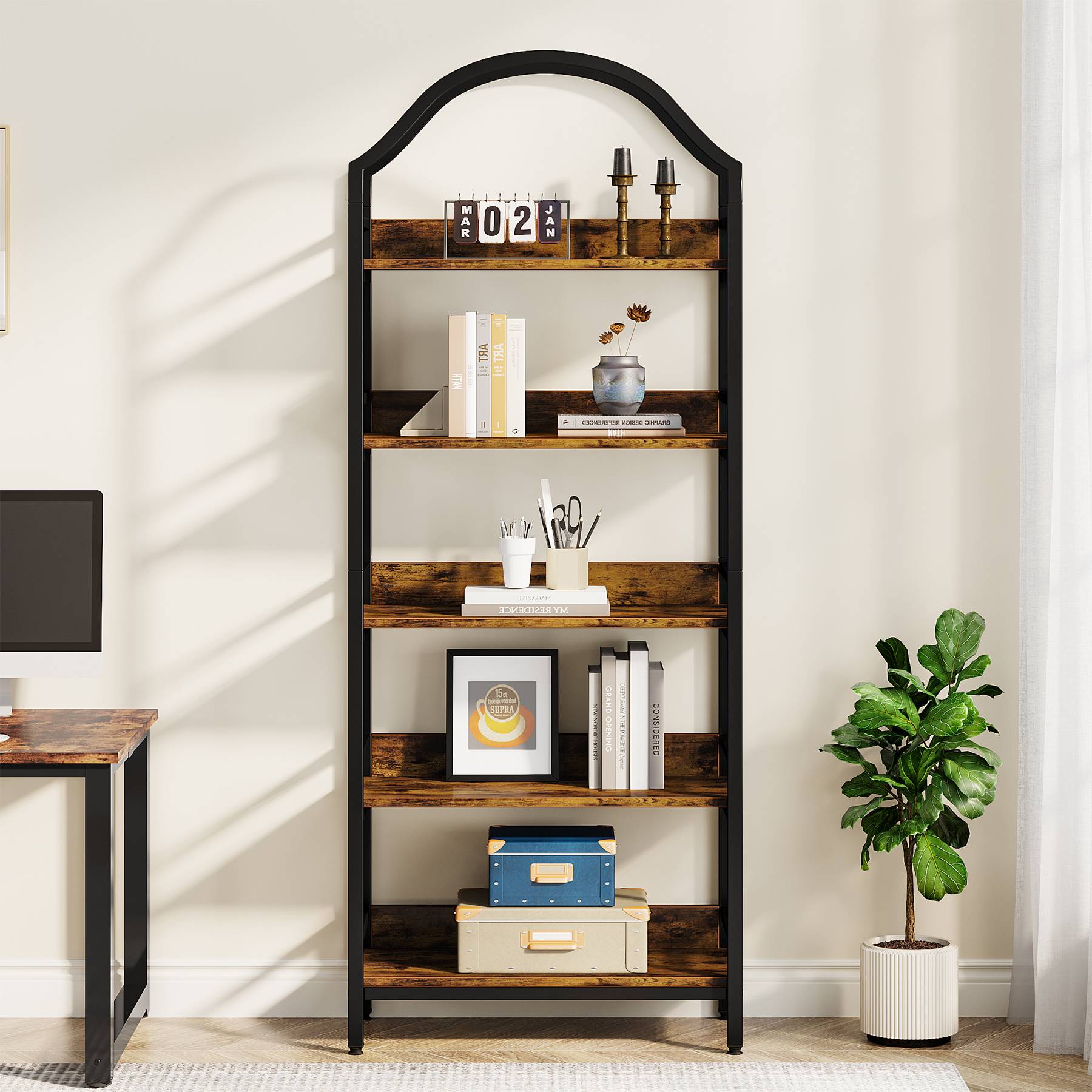 5-Tier Bookshelf, Industrial Arched Bookcase 73 Tall Storage Rack