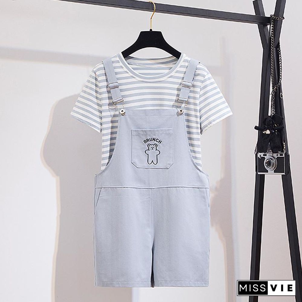 Cute Stripe Tee+Bear Rompers P11168