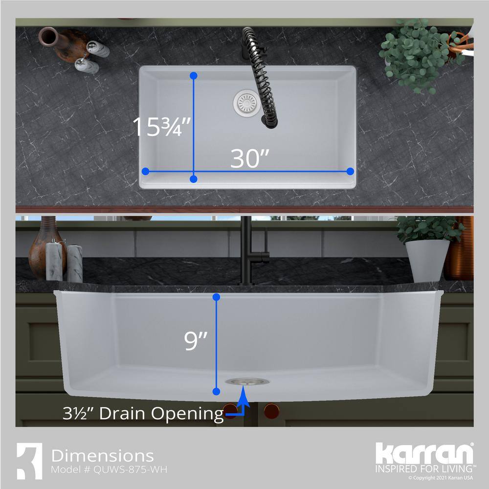 Karran QUWS- 875 Quartz 32.5 in. Single Bowl Undermount Workstation Kitchen Sink in White QUWS-875-WH