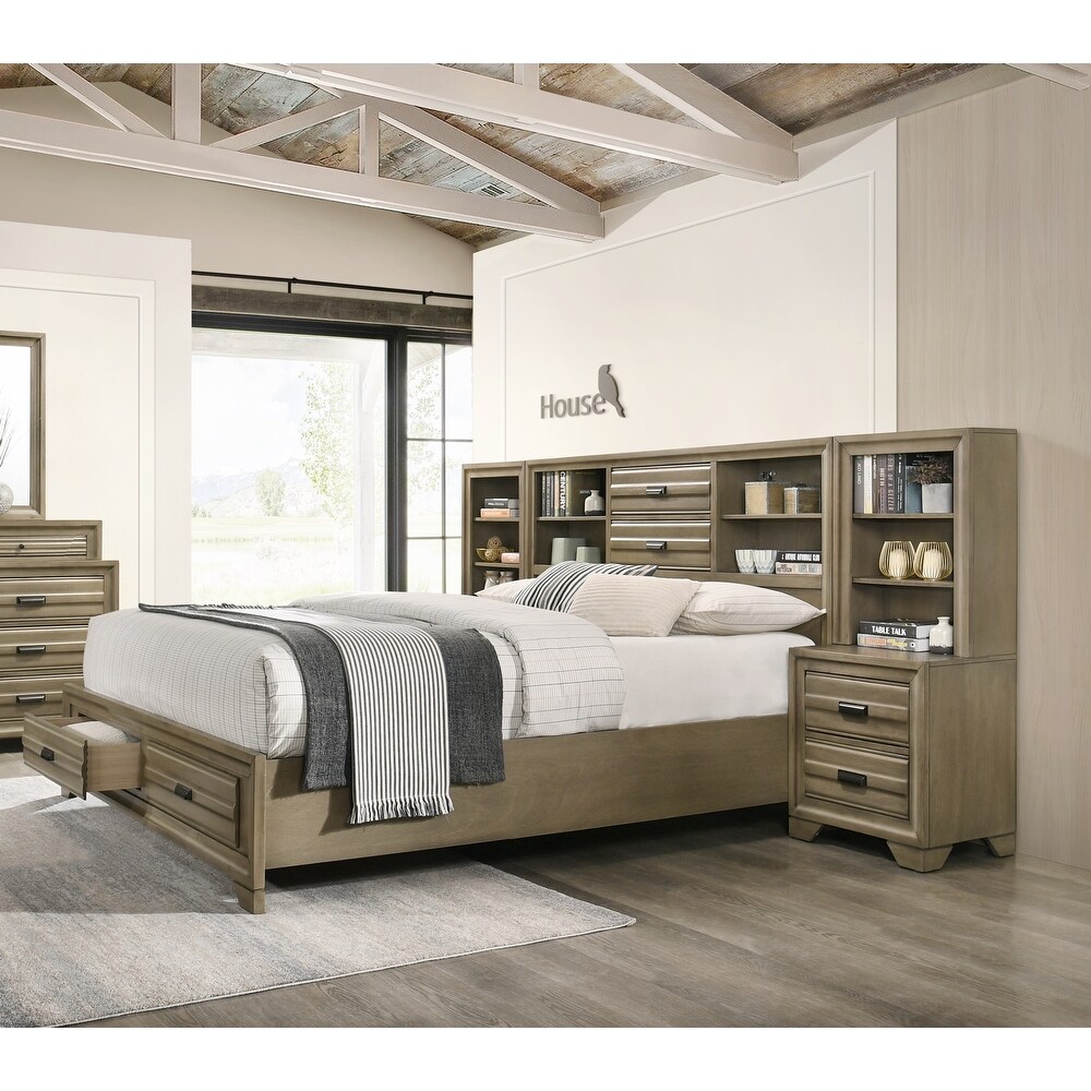 Roundhill Furniture Loiret Rubbed Gray Oak Finish Wood Storage Platform WallBed with Dresser and Mirror