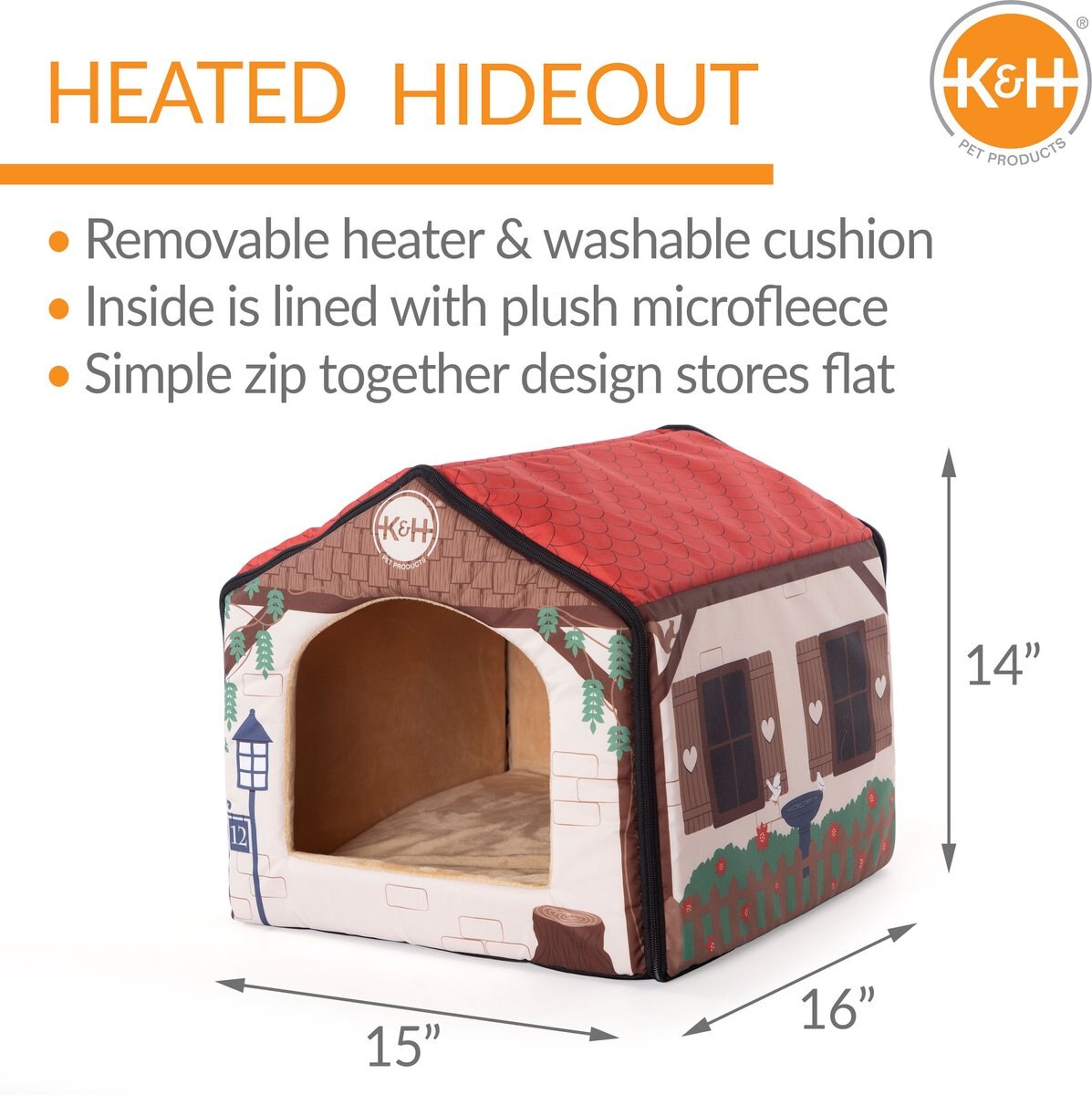 KandH Pet Products Thermo-Indoor Washable Pet House Heated Cat Bed， Red Barn