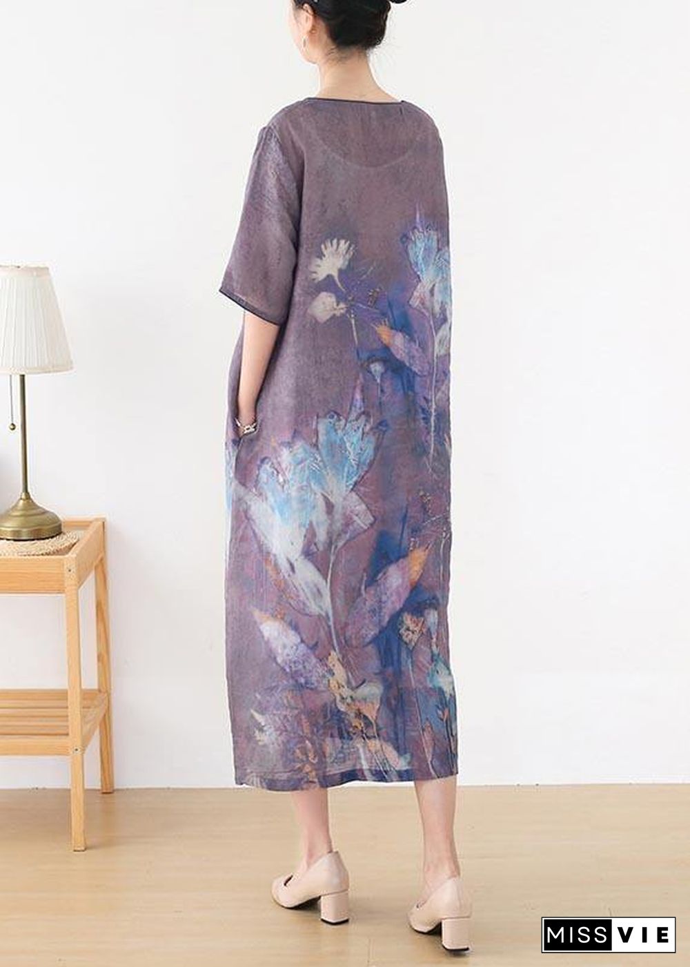 Elegant Purple Print O-Neck Maxi Summer Linen Dress