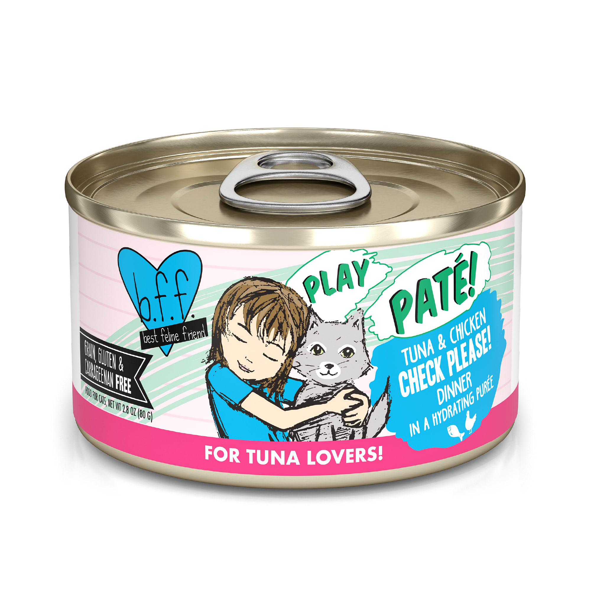 B.F.F. P.L.A.Y. Check Please! Tuna  Chicken Dinner in a Hydrating Puree Wet Cat Food， 2.8 oz.， Case of 12