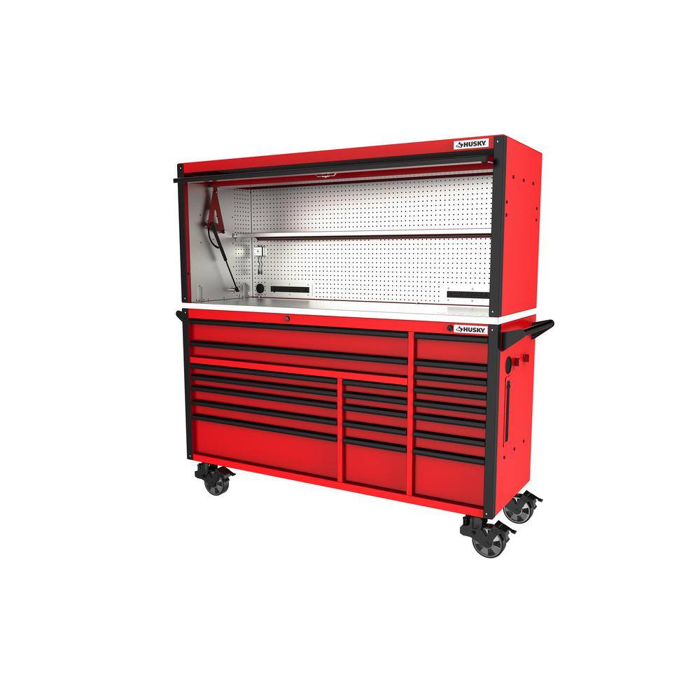 Husky 72 in. W x 24.6 in. D Professional Duty 20-Drawer Mobile Workbench Tool Storage Combo with Top Tool Chest Hutch in Red HPROSUITE1RED