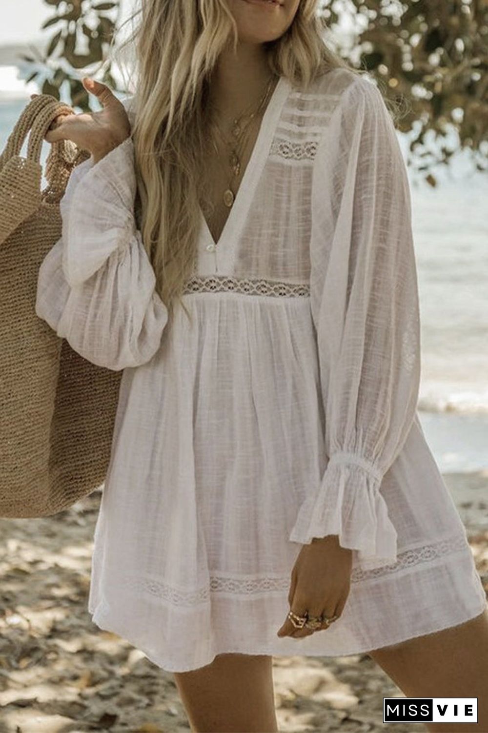 Lace Ruffled Patchwork V Neck Cover up