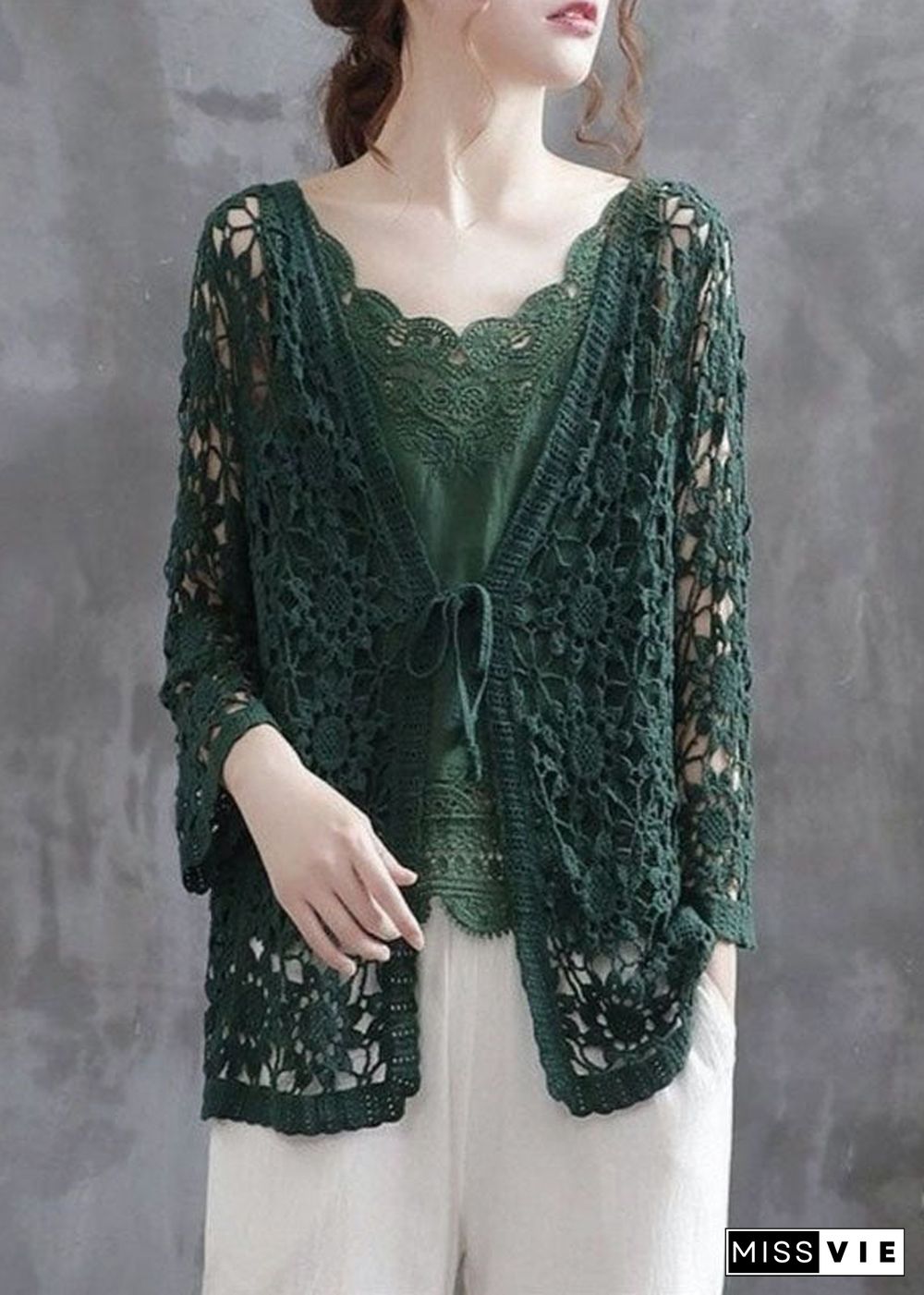 Casual Blackish Green Hollow Out Patchwork Knitting Cotton Cardigan Fall