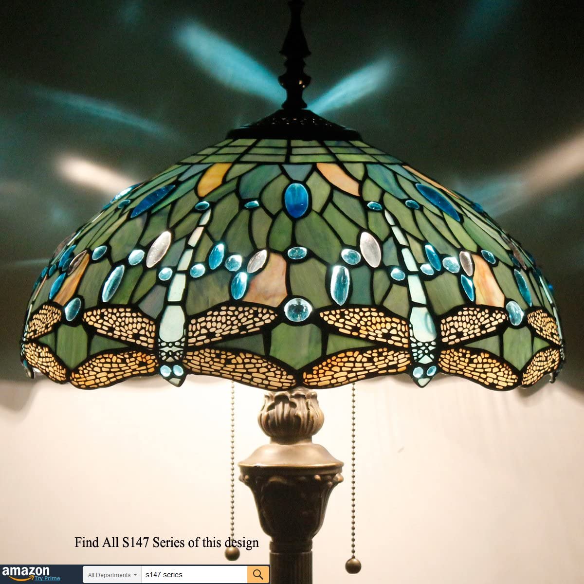 BBNBDMZ Tiffany Floor Lamp Sea Blue Stained Glass Dragonfly Standing Reading Light 16X16X64 Inches Antique Pole Corner Lamp Decor Bedroom Living Room  Office S147 Series