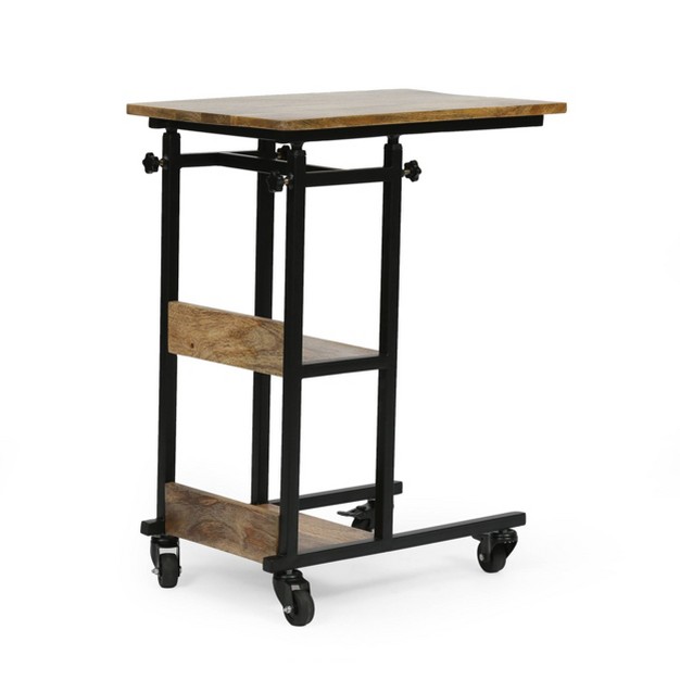 Amlin Modern Industrial Handcrafted Wooden Multi Purpose Adjustable Height C Shaped Side Table Natural black Christopher Knight Home