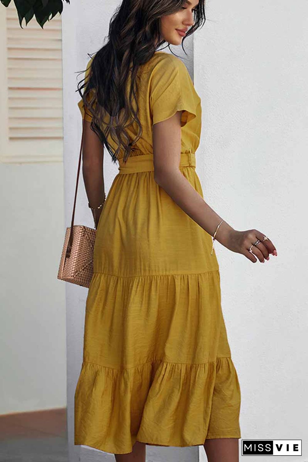 Pure Color Simple Restraint Waist Midi Dress