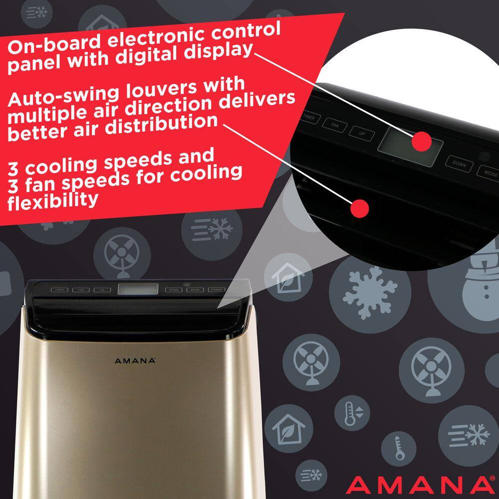 Amana 12000 BTU (7500 BTU DOE) Portable AC with Remote 450 sq. ft. Timer 3-Speed LCD Display Auto-Restart Wheels Gold Black AMAP121AD-2