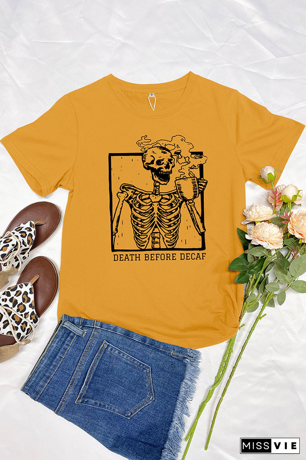 Skeleton Death Before Decaf Skeleton Drink Coffee Graphic T-Shirt Wholesale