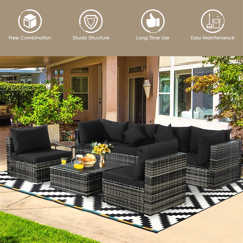 7 Pcs Rattan Patio Sectional Couch Set Outdoor Wicker Furniture Set with Cushions & Coffee Table