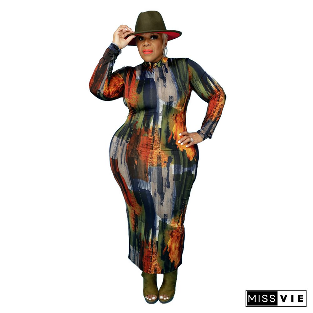 High Waist Print Long Sleeve O Neck Plus Size Dress