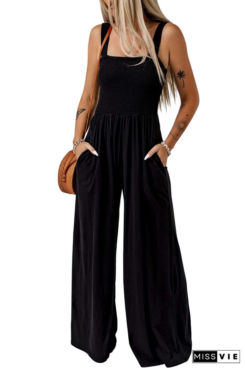 Black Smocked Sleeveless Wide Leg Jumpsuit with Pockets