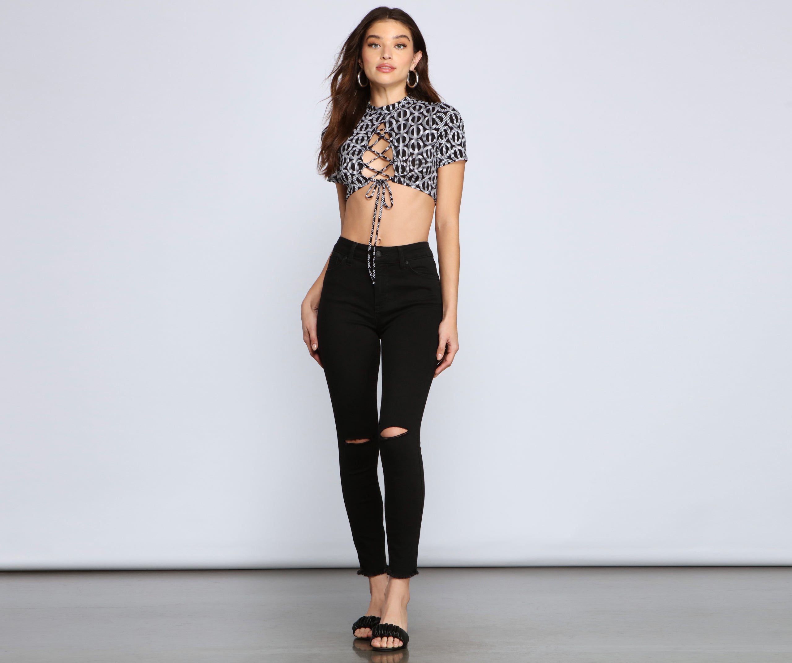 Lace-Up Crop Geometric Crop Top